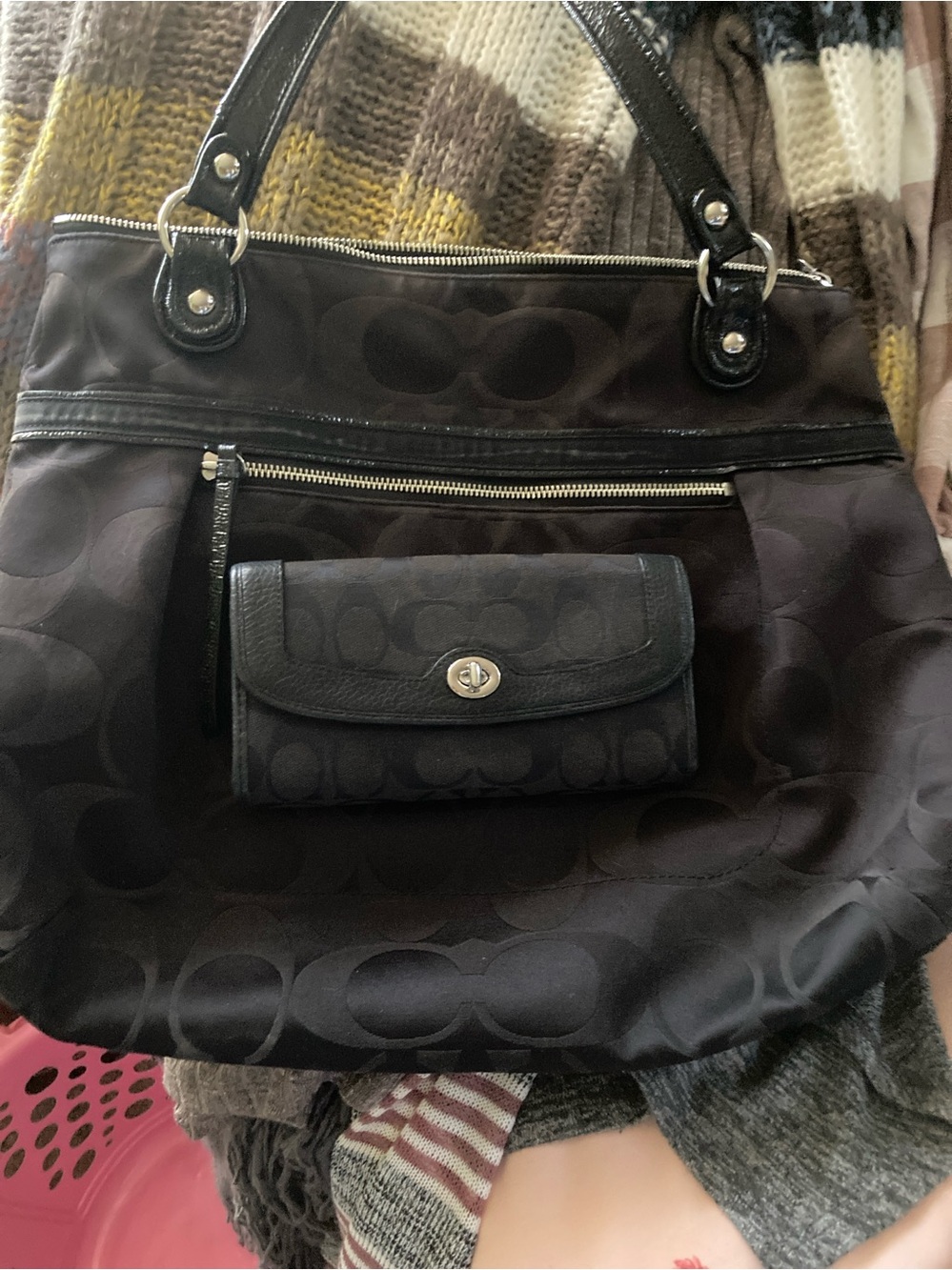 Coach Black Signature Jacquard Shoulder Bag with Matching Toggle Wallet